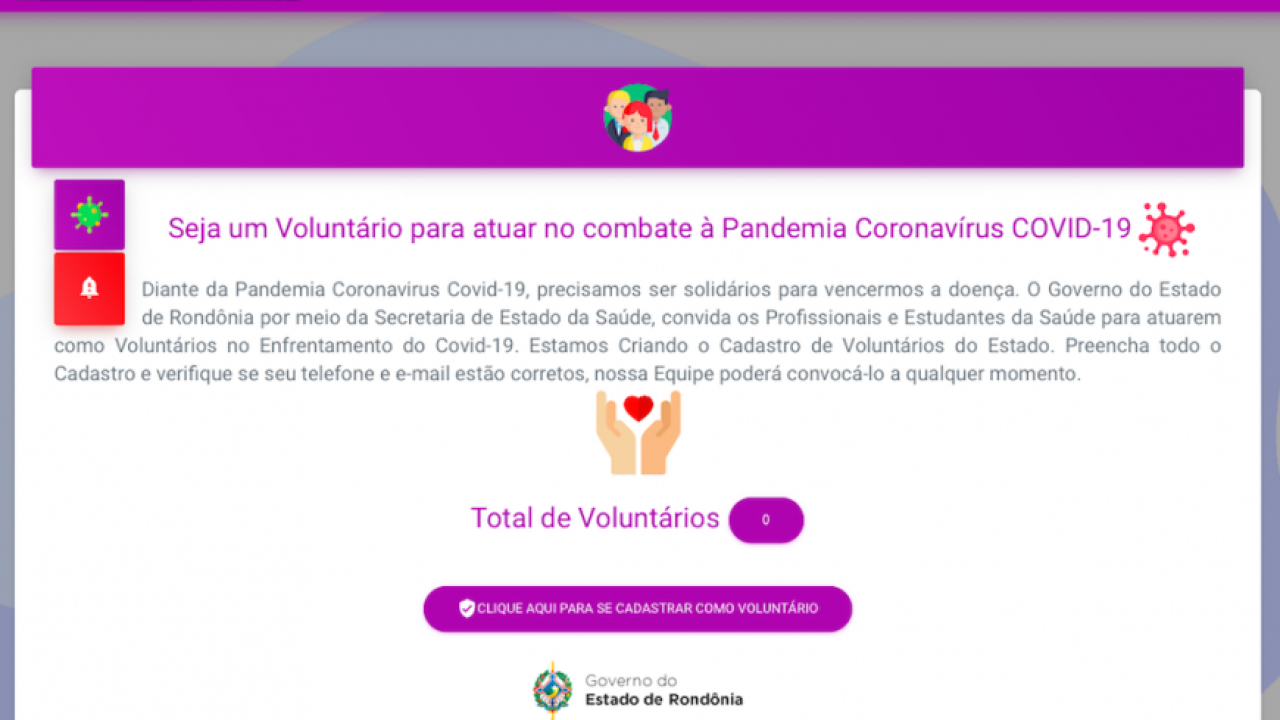 Voluntários podem se cadastrar em portal para atuar no combate ao coronavírus em Rondônia